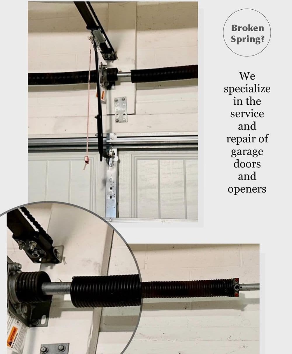 Garage door repair service featuring a close-up of a broken spring mechanism.