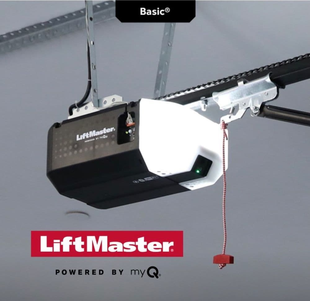 LiftMaster garage door opener with myQ technology mounted on ceiling rails.